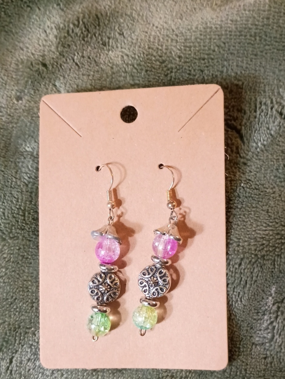 Pink & Light Green Beaded Drop Earrings with Silver Accents